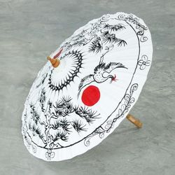 'Traditional Crane-Themed Cotton and Bamboo Parasol in White'