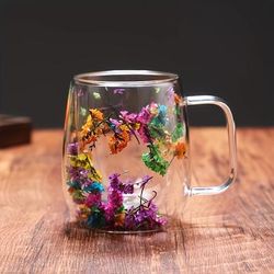 TEMU 1pc Innovative Double Layer Glass Cup With Real Dried Flowers - High Borosilicate Material, Suitable For Coffee And Tea - For Home, Office Or Bar Use
