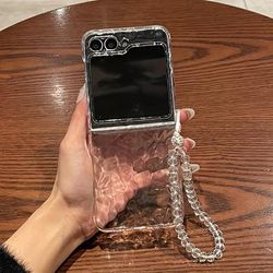 TEMU Korean Water Ripple Transparent Phone Case For For Galaxy Z Flip 5 Zflip 4 Zflip 3 5g Bead Bracelet Clear Shockproof Back Cover