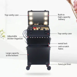 Makeup Organizer with led lights mrirror - Large Cosmetic Trolley, Salon & Barber Case Rolling Cart for Hairstylists