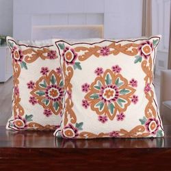 'Indian-Made Floral Embroidered Cotton Cushion Cover Pair'
