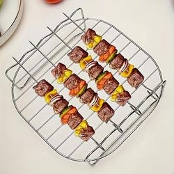 TEMU Stainless Steel Air Fryer Rack Accessories, Round Skewers Holder With 4 Roasting Sticks, Compatible With Most Air Fryers, Multifunctional Grill With Skewers For Cooking And Dishwasher Safe