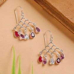 'Jali-Inspired Multi-Gemstone Silver Chandelier Earrings'