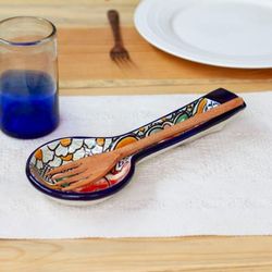 'Folk Art Talavera-Style Ceramic Spoon Rest with Floral Theme'