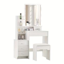 TEMU Dressing Table With Mirror And Stool, 4 Drawers 6 Shelves Vanity Table Makeup Table White Modern Wooden Dresser For Bedroom