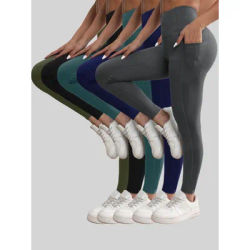 Solid Color Women Leggings with Pockets Tummy Control Workout Tights Elastic Outdoor Fitness Pants Soft Sports Leggings