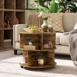 TEMU Round Coffee Table, Movable With Divided Shelves And Rolling Wheels, 3 Tier Living Room Table,
