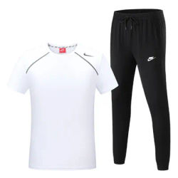 Nike Men's Exercise Sets, Round Neck, Breathable, Moisture-wicking, Short Sleeved and Long Pants Two-piece Suits, White/Black