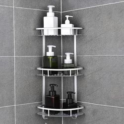 TEMU 2/3 Tier Stainless Steel Bathroom Corner Shelf - Space-saving Wall-mounted Organizer For Shampoo, Body Wash, And Cleaning Supplies, Durable Aluminum Construction, Bathroom Accessories