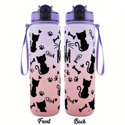 TEMU 32oz Hsdiokl Sports Water Bottle - Cute Cat Mom Design With , Fish Bones & Hearts, Leak-proof, Durable For Fitness, Outdoor Travel & Hiking, Pink/gray/