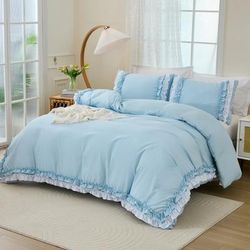 TEMU 3pcs 80g Polyester Blue With Double Layer Ruffle Bedding Set, Duvet Cover And Pillowcases Included, Ten Sizes