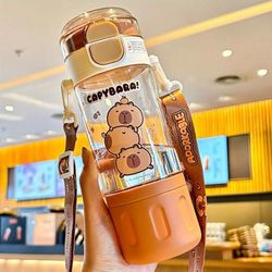 TEMU Capybara Cartoon Dual-drink Plastic Cup With Straw - Portable, Bpa-free, Leak-proof, Ideal For Students & Summer Hydration, Portable Water Bottle| Design|leakproof Construction