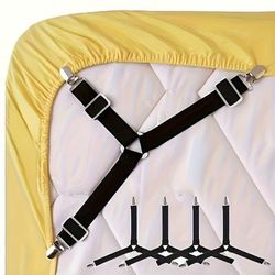 TEMU 4-pack Adjustable Elastic Bed Sheet Straps With Transparent Clips - Non-slip, Easy-clean Nylon Fasteners For Securing Bedding And Sofa Covers, Black