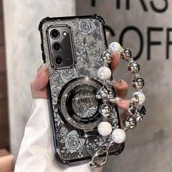 TEMU Luxury Flower Phone Case With A Glittery And Magnetic Wrist Strap Designed For The Galaxy Note 20, Providing Shock Resistance And A Stand