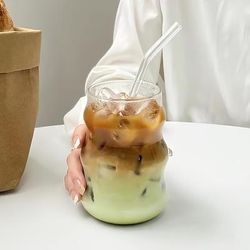 TEMU Glass Coffee Cup With Straw, 500ml/17.5oz Large Capacity, Heat-resistant Glass Cup, High Water Cup, Suitable For Home And Office Use -1/2pcs