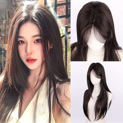 TEMU 30-inch Long Straight Synthetic Wig For Women - Natural-looking Dark Brown Hair, High-density 150%, Daily And Party Wear, Wig Accessories