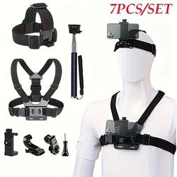 TEMU 7pcs Action Camera Accessory Kit - Adjustable Chest & Head Straps, Selfie Stick & Clamp - Durable Abs Material For Secure Mounting