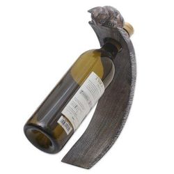 Peeking Kitten,'Handcrafted Suar Wood Cat Bottle Holder in Black and White'