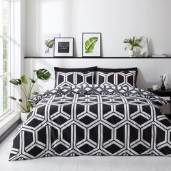 TEMU Reversible Duvet Cover Set Geometric Bedding Set With Dual Designs | Black And White Hexagonal Pattern On , Solid | Soft, Durable, And Easy To | Single, Double, And King Size | Uk