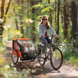 TEMU 2 Seat Bike Trailer Bicycle Wagon For Kids Child Safety Harness Seat Carrier Orange Black 130 X 76 X 88 Cm