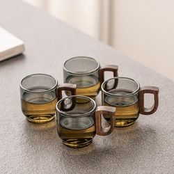 TEMU Pack Of 6 Glass Teacups For Home Use, Master Single Cup In Smoke Gray With Walnut Handle, High-end Small Drinking Cups