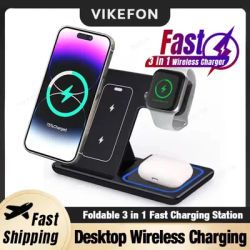 3 in 1 Desktop Wireless Charger Foldable Fast Phone Charge Station For iPhone 16 15 14 13 12 Apple