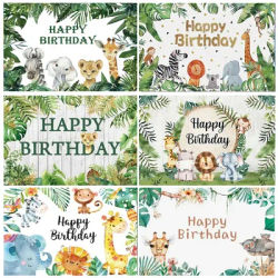 Décoration de fête d'anniversaire pour enfants, thème Animal de la forêt de dessin animé, feuilles vertes du Lion de la Jungle, arrière-plan pour réception-cadeau pour bébé, cadeau de 1er anniversaire