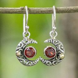 'Moon-Themed Natural Garnet Dangle Earrings with Gold Accents'