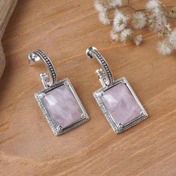 'Classic-Inspired Rectangular Rose Quartz Dangle Earrings'