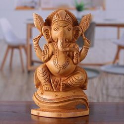 'Hand-Carved Traditional Kadam Wood Ganesha Sculpture'