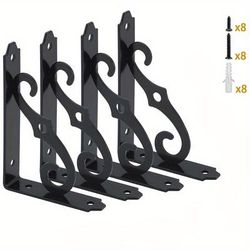 TEMU 4-pack Iron Decorative Shelf Brackets - Heavy Duty Metal Steel Wall Mounted Floating L Brackets With Elegant For Home Shelving, Includes Screws And Wall Anchors