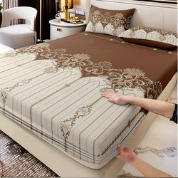 TEMU 3pcs Luxury Coffee Jacquard Bedding Set With Elastic Fitted Sheet + 2 Pillowcases, Soft Light Beige - Durable Decor