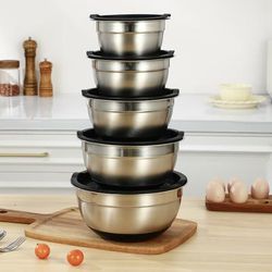 TEMU 5pcs Covered Mixing Bowl For Kitchen, Stainless Steel Set, Baking, Preparation, Cooking, And Serving, Design Storage Space