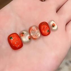 TEMU 10pcs Short Orange Persimmon Handmade Pinch Glass Cat Eye Palette Wearable Nail Spring And Summer New Removable False Nails Suitable For Women And Girls As Gifts