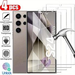 TEMU 4-pack Tempered Glass Screen Protectors For S24 Ultra, S23, S22, S21 Models - 9h Hardness, Hd Glossy Finish, Anti-fingerprint, Full Coverage With Fingerprint Unlock