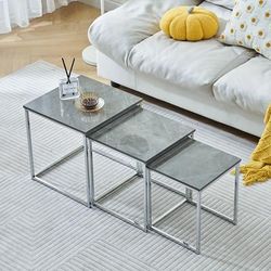 TEMU Set Of 3 End Tables, Marble Look Nesting Coffee Tables, End Side Table With Metal Frame For Living Room Reception, Bedside Tables, Stacking Side Tables Lamp Tables