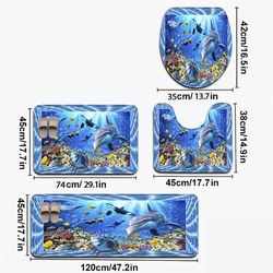 TEMU Open 3pcs/4pcs Dolphin Pattern Bathroom Mat Set Toilet Seat Ring U-shaped Foot Pad
