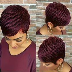 TEMU A 6-inch Short Straight Cut Wig Made From 150% Density Human Hair In 99j Burgundy Color, Designed For Women. This Glueless, Machine-made Wig Is Everyday Use And Cosplay.