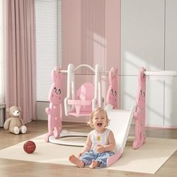 TEMU Aiyaplay Toddler Slide And Swing Set 4 In 1 With Climber, Basketball Hoop, Kids Slide For Age 1.5-4, Children Activity Centre Playground For Indoor Outdoor Garden, Rabbit Themed, Pink