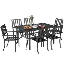 TEMU 7pcs Patio Dining Set, 6 Seater Outdoor Table And Stackable Chairs With Umbrella Hole, Galvanised , Space Saving, For Poolside, Garden