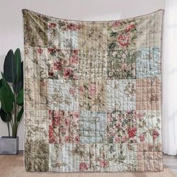 TEMU Vintage Floral Quilted Blanket - Soft Flannel Throw With Pink, Blue, And Beige Flowers For Sofa, Bed, Car, Office, Camping, And Travel