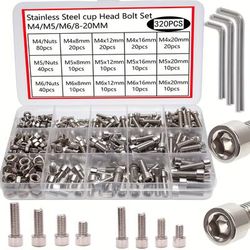 TEMU 320pcs Stainless Steel Round Head Hex Socket Cap Screw And Nut Combination Kit, M4/m5/m6 Stainless Steel Cup Point Hex Bolt And Nut Wrench Set