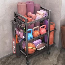 TEMU 3-tier Home Gym Storage Rack For Yoga Mats, Dumbbells, Kettlebells - Sturdy Carbon Steel Organizer With Wheels, Multi-shelf Design For Foam Rollers, Basketballs - Black, Gym Accessories