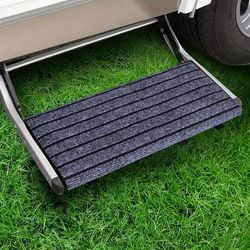 TEMU Adjustable Rv Step Mat - Non-slip, Easy-clean Polyester Mat With Closure For Camper Stairs & Steps, Blue-grey Striped Design, Single Pack, Rv Accessories