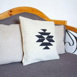 Chic Geometry,'Zapotec Handwoven Wool Cushion Cover in Wheat and Black'