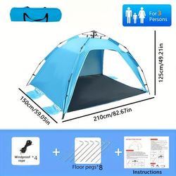 TEMU 3-person Beach Tent With 3-second Quick Setup, 2 Doors & Ventilation, Lightweight Portable Automatic For Outdoor Camping, Beach Trips, Holidays (blue)