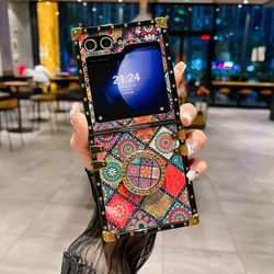 TEMU Ethnic Mobile Phone Case Suitable For Galaxy Zflip3/zflip4/zflip5/zflip6 Anti-fall And Shockproof Folding Rhinestone Bracket Mobile Phone Case