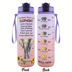 TEMU 1pc 32oz Hsdiokl Elephant Wisdom Water Bottle - Customizable Name, Sunflower & Text Design, Leak-proof, Oval Shape, Ideal For & Gifts, Featuring Elephant & Sunflower Elements