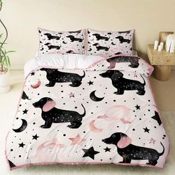 TEMU 3pcs: 1 Duvet 2 Pillowcases, Without Duvet Core - Dachshund Starry Night Bedding Set For Bedroom Decor - Celebrations, Halloween Gatherings, And .