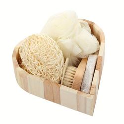 TEMU 5pcs Heart-shaped Bath Tool Set In Wooden Basket - Includes Sisal Brush, Loofah Slices, Face Scrubber, Exfoliating Gloves & Pumice Stone - Ideal For Birthday, New Year, Valentine's Day Gifts